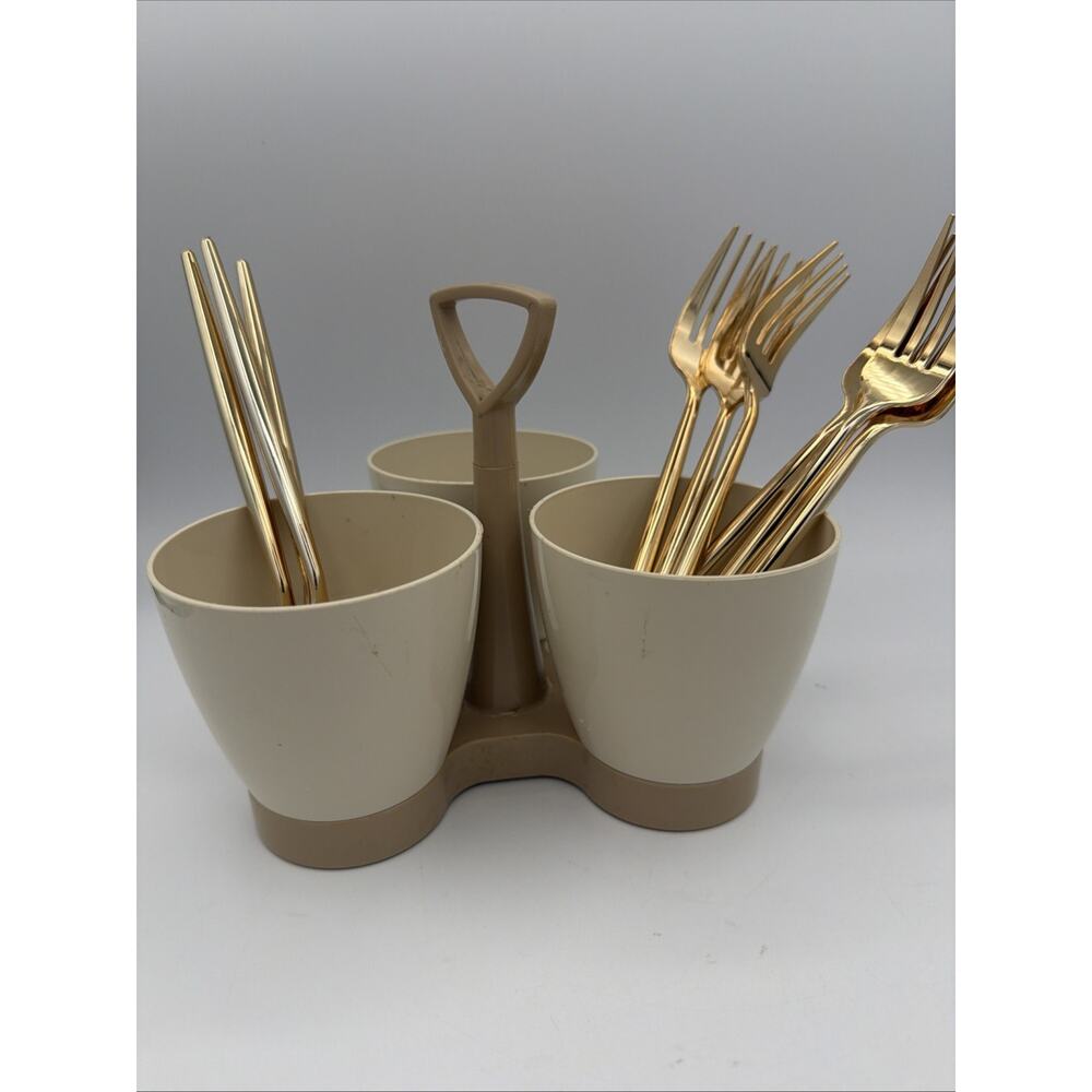 Tupperware Vintage Cream And Harvest Gold Condiment Utensil Caddy 70s Organizer